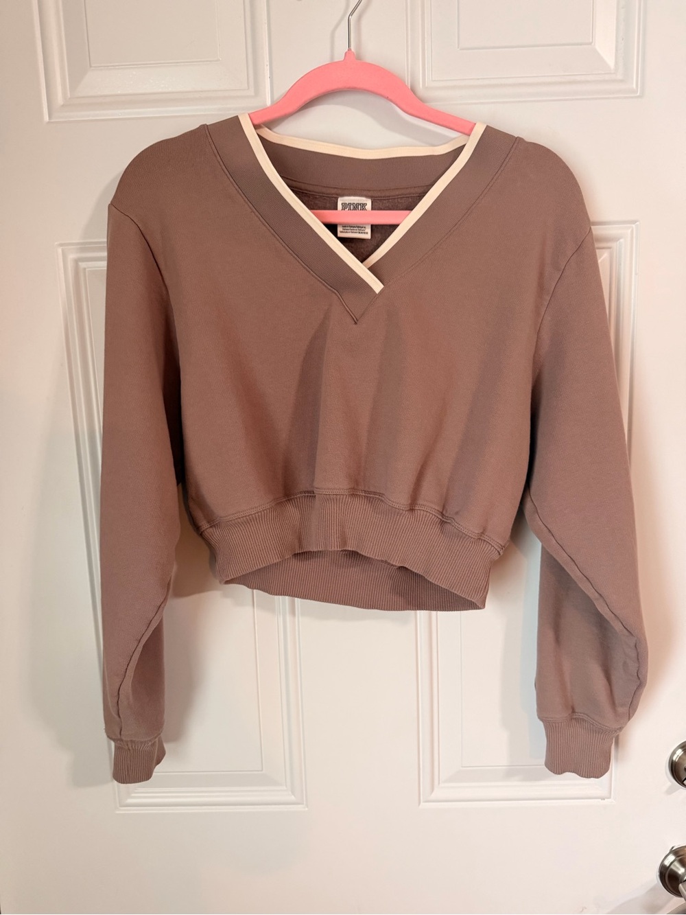PINK Victoria's Secret Cropped V‑Neck Sweatshirt in Brown with Cream Trim